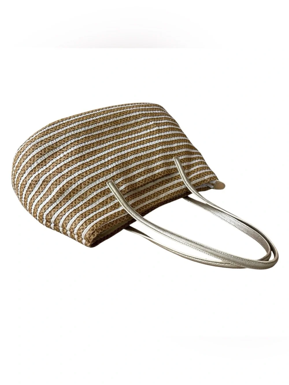 ERIC JAVITS Isla “Squishee” Straw & White Grosgrain Tote w/ Gold Leather Straps
